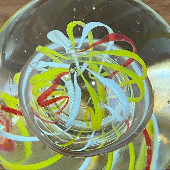 Handblown Art Glass Yellow White & Red Swirl Round Paperweight - Picture 7 of 10